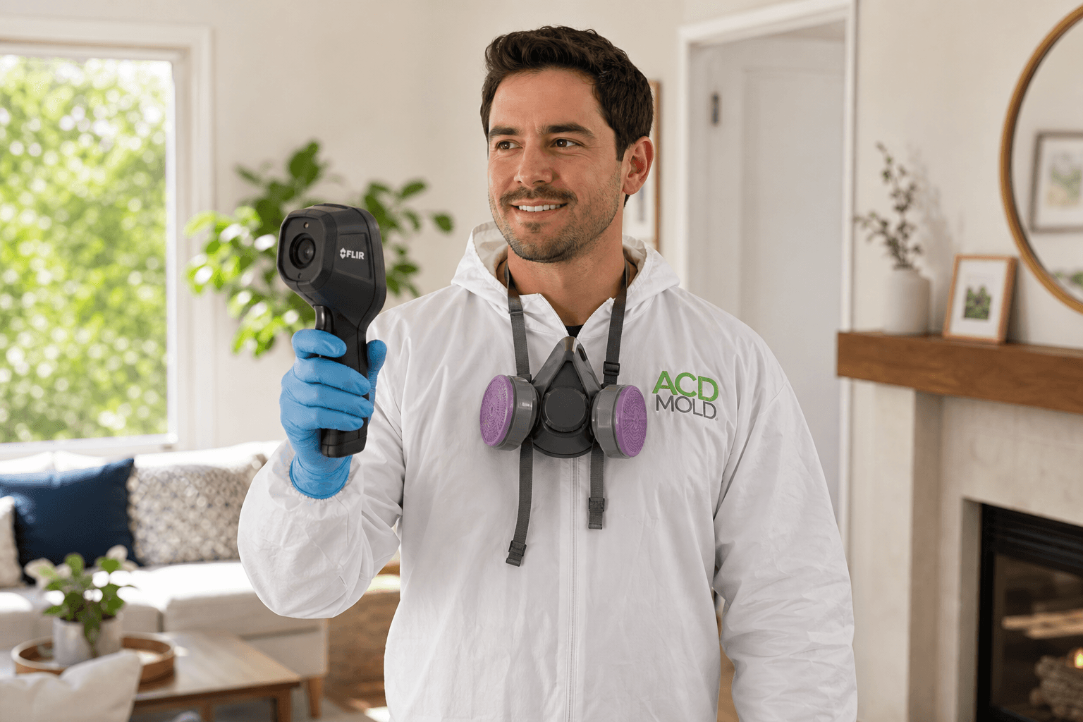 ACD Mold inspector using thermal imaging camera in a Southern California home